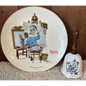 VINTAGE Gorham 1978 Norman Rockwell Triple Self Portrait Plate & BONUS Bell